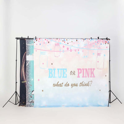 Colorful backdrop with "Blue or Pink" design for events or photo shoots.