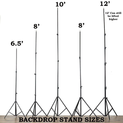 Backdrop stands in various sizes: 6.5', 8', 10', and 12'.