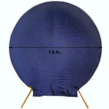 A navy blue Metallic Shimmer Tinsel Spandex circle that is 7.5 ft in diameter