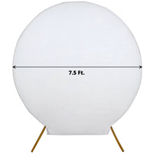 A white velvet circle that is 7.5 ft. in diameter, designed for arch covers and fitted backdrop covers