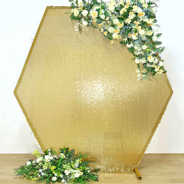 Create a Magical Atmosphere with our Custom Fit Metallic Gold Sparkle Sequin Hexagon Wedding Arch Cover