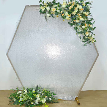 Custom Fit and Dazzle with the Metallic Silver Sparkle Sequin Hexagon Wedding Arch Cover