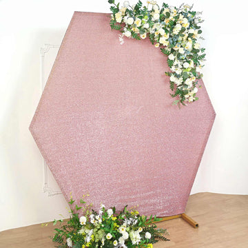 Add a Touch of Elegance with the Rose Gold Metallic Shimmer Tinsel Spandex Hexagon Backdrop