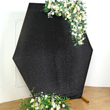 Add a Dazzling Touch to Your Events with the Black Metallic Shimmer Tinsel Spandex Hexagon Backdrop