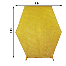 Yellow Metallic Shimmer Tinsel Spandex Hexagon Arch Covers and Fitted Backdrop Covers with the measurements of 7 ft and 8 ft