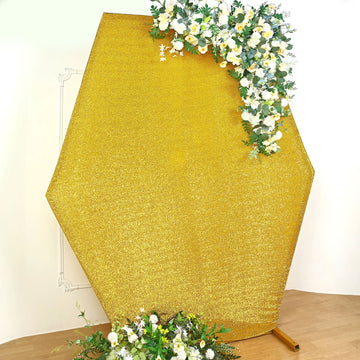 Add a Touch of Glamour with the Gold Metallic Shimmer Tinsel Spandex Hexagon Backdrop