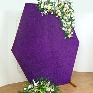 Add a Touch of Elegance with the Purple Metallic Shimmer Tinsel Spandex Hexagon Backdrop