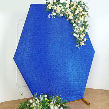 Dazzle Your Events with the Royal Blue Metallic Shimmer Tinsel Spandex Hexagon Backdrop