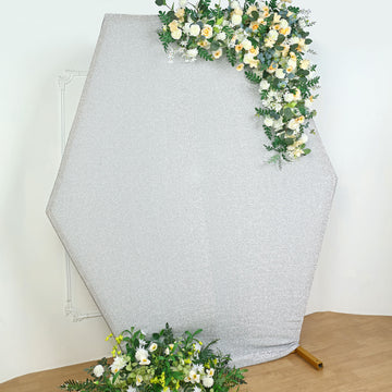 Add a Touch of Elegance with the Silver Metallic Shimmer Tinsel Spandex Hexagon Backdrop
