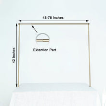 Gold Metal Over-the-Table Rod Stand with a white table cloth and a measurement of 42 inches and 48-78 inches
