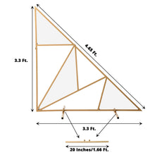 A diagram showing the dimensions of a gold metal triangular backdrop stand