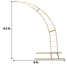 A picture of a gold metal arch with the measurements 8.2 ft and 6 ft, suitable for backdrop stands.