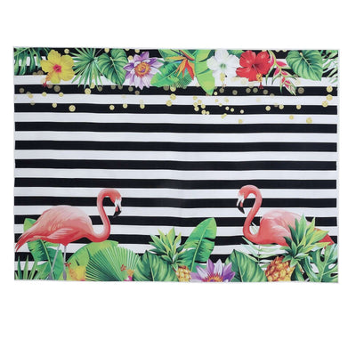 Flamingo and tropical foliage patterned backdrop with stripes.