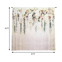 A picture of white vinyl flowers backdrop with the measurements 8 ft and 8 ft