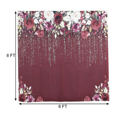 a crystal tassels burgundy vinyl floral backdrop with measurements of 8 ft and 8 ft