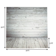 A picture of a Vinyl backdrop with a Vintage Rustic Wood style, in White and Gray color, on a wooden wall and floor with measurements of 8 ft height and 2 ft width, featuring crystal, tassels, and vinyl backdrops