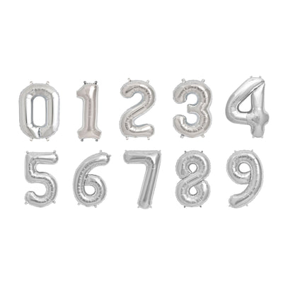 Shiny Metallic Silver Mylar Foil 0-9 Number Balloons 16"