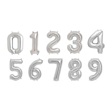 Shiny Metallic Silver Mylar Foil 0-9 Number Balloons 16"