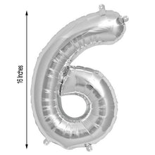 A silver Aluminum Foil balloon in the shape of the number 6