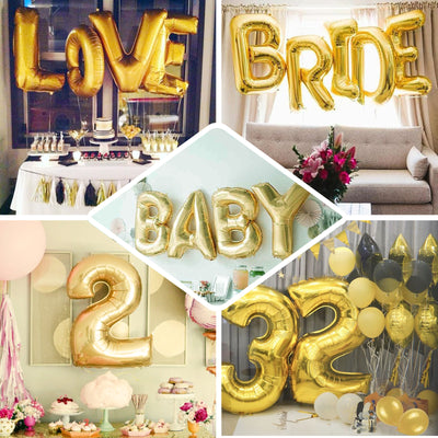 Gold foil balloon decorations for various celebrations and events.