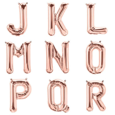 Rose gold balloon letters J, K, L, M, N, O, P, Q, R on white background.