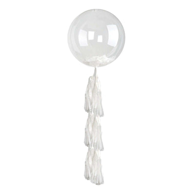 Clear balloon with white tassels hanging down.