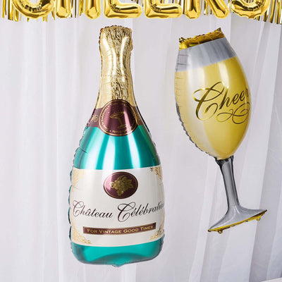 Champagne bottle and glass balloons for celebrations and parties.