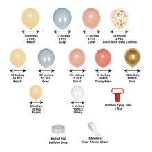 Latex balloons in peach, gray, coral, dusty rose, gold, white, and clear with gold confetti, along with a balloon tying tool