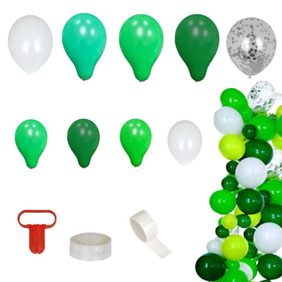 Green and white balloons with a balloon tying tool and adhesive tape