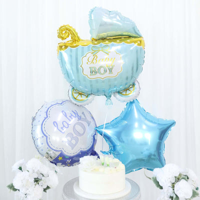 Baby boy balloon bouquet with star and stroller designs, displayed at a celebration.