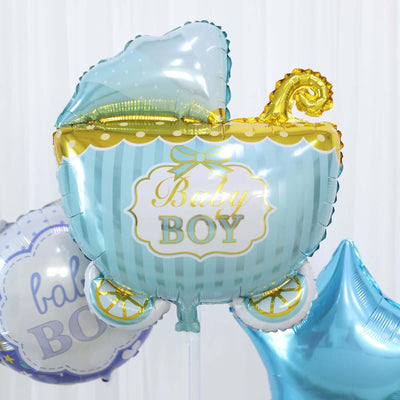 Baby boy balloon in the shape of a stroller with blue and gold accents.