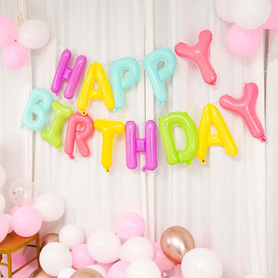 Colorful "Happy Birthday" balloon banner in a festive setting.