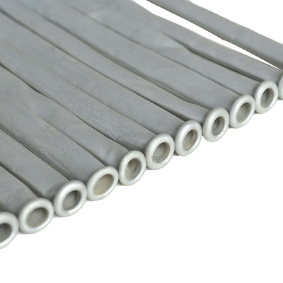 Gray rubber bands arranged in a row on a white background.
