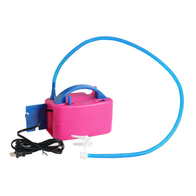 Pink air pump with blue hose and power cord on white background.