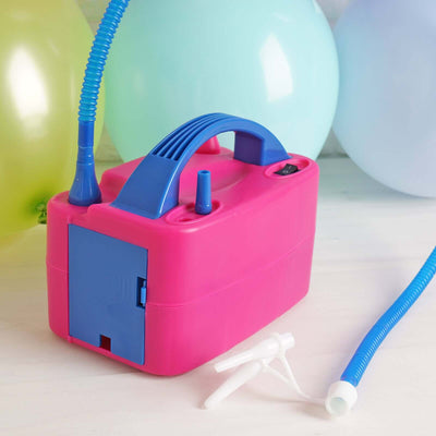 Pink balloon inflator with blue accents, ideal for party decorations.