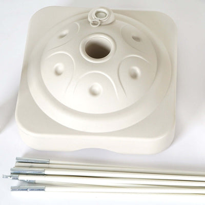 White umbrella base with three poles, designed for stability and support.