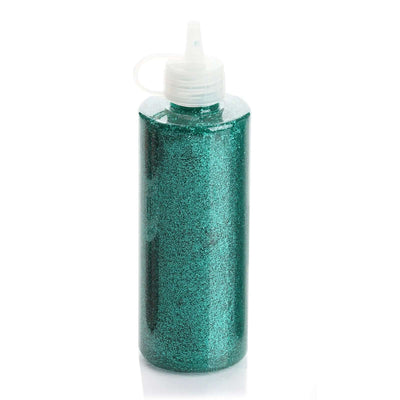Green glitter glue bottle with nozzle cap on a white background.