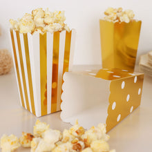 36 Pack of 5 Inch White & Gold Popcorn Favor Boxes in Stripe Polka Dot & Solid Designs