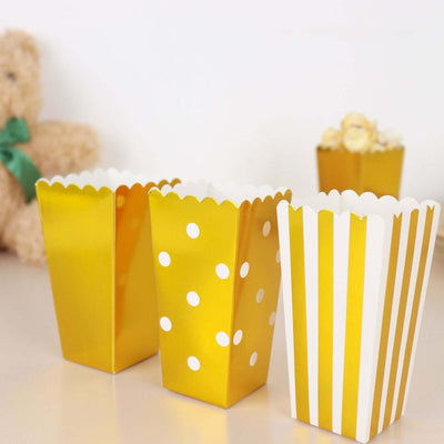 Gold and white striped popcorn boxes for celebrations and events.
