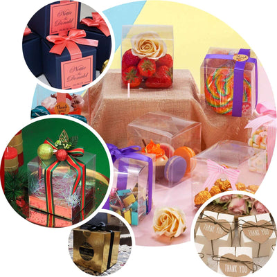 Colorful gift boxes and treats in decorative packaging on a festive table setting.