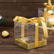 12 Pack | 3.5inch Clear Metallic Gold Plastic Dessert Gift Boxes With Ribbon Tie