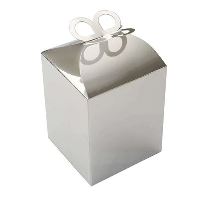 Silver gift box with a decorative bow on top