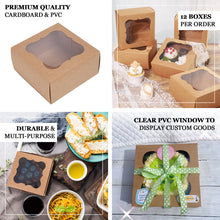Pack of 12 Natural Cardboard 6 Inch x 6 Inch x 3 Inch Cupcake Boxes Bakery Cake Pies with PVC Window 