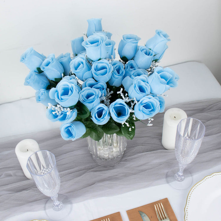 Baby Blue Flower Artificial Rose Bud Premium Silk Bouquets 12 Bushes