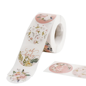 500pcs | 1.5" Baby Shower Love and Oh Baby Floral Stickers Roll, Labels For DIY Envelope Seal - Round