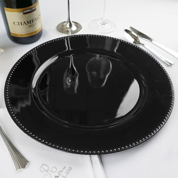 6 Pack 13" Beaded Black Acrylic Charger Plate, Plastic Round Dinner Charger Event Tabletop Decor