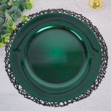 6 Pack 13" Beaded Hunter Emerald Green Acrylic Charger Plate, Plastic Round Dinner Charger Event Tabletop Decor