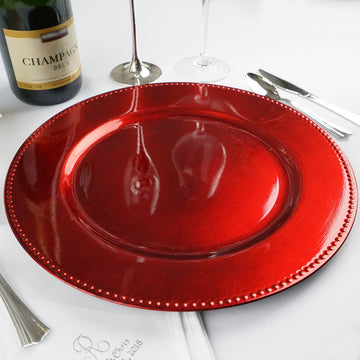 6 Pack 13" Beaded Red Acrylic Charger Plate, Plastic Round Dinner Charger Event Tabletop Decor