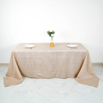 90"x132" Beige Accordion Crinkle Taffeta Seamless Rectangular Tablecloth