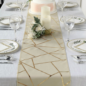 9ft | Beige / Gold Foil Geometric Pattern Polyester Table Runner
